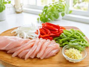 Thinly sliced chicken breast with red bell pepper, green bell pepper, onion, and minced garlic prepared on a wooden cutting board.
