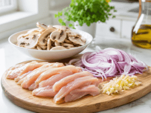 Raw sliced chicken breast, sliced mushrooms, onions, and minced garlic prepared on a wooden cutting board in a bright kitchen.