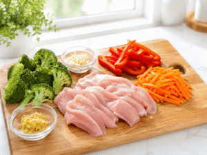 Fresh ingredients for teriyaki chicken stir fry including sliced chicken breast, broccoli florets, bell pepper, carrots, minced garlic, and grated ginger on a wooden cutting board