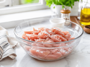 Raw sliced chicken strips mixed with cornstarch, salt, and black pepper in a clear glass bowl on a bright kitchen counter.