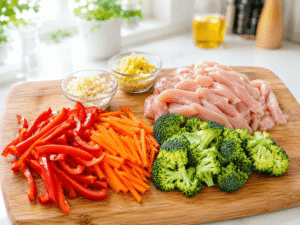 Thinly sliced chicken breast with minced garlic, grated ginger, sliced red bell pepper, carrot, and broccoli florets prepared on a cutting board for Thai chicken stir fry.