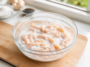 Thinly sliced chicken breasts coated with a cornstarch and water mixture in a glass bowl, ready to cook for a healthy chicken broccoli stir fry recipe.