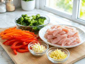 Fresh ingredients prepared for 15-Minute Chicken Veggie Stir Fry including sliced chicken, broccoli florets, red bell pepper, carrot, minced garlic, and grated ginger on a cutting board.