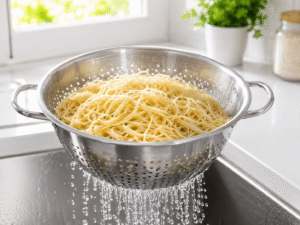 Cooked noodles draining in a colander after boiling for chicken noodle stir fry recipe.