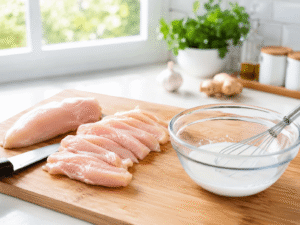 Sliced boneless skinless chicken breasts on a cutting board with a bowl of cornstarch mixed with water for garlic chicken stir fry.