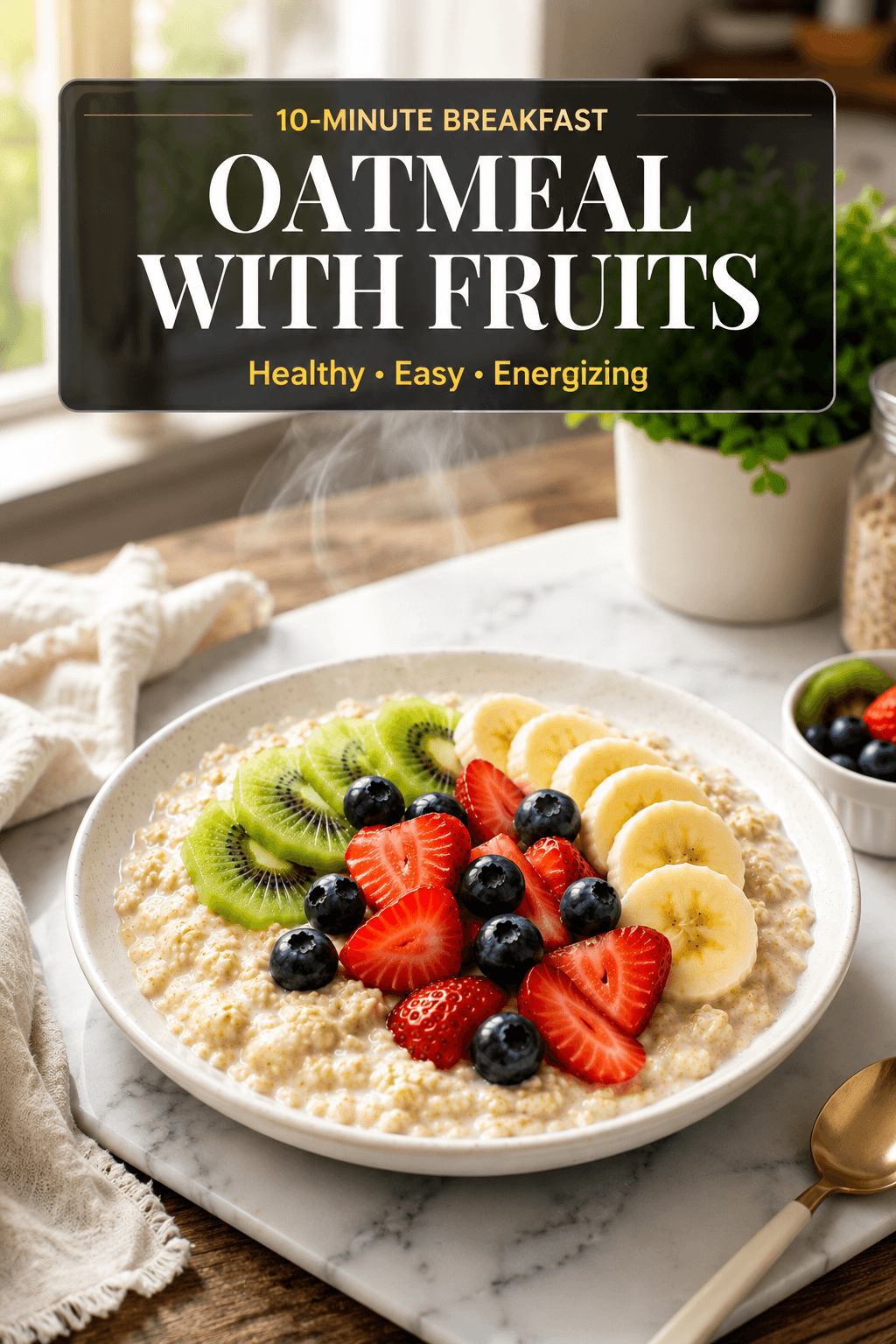 Pinterest food blog poster featuring oatmeal with fresh fruits in a white bowl, creamy oats topped with banana, kiwi, strawberries, and blueberries, bright natural light kitchen scene, healthy breakfast recipe for busy professionals.
