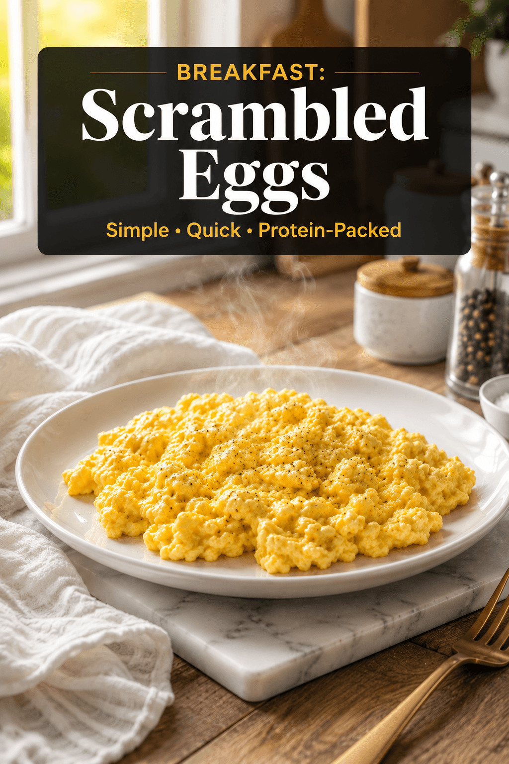 Fluffy scrambled eggs served on a white plate with black pepper, beautifully styled on a marble slab in a bright modern kitchen for a healthy breakfast.