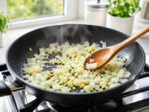 Quick oats being added to a saucepan in a bright modern kitchen, preparing oatmeal with fruits breakfast recipe, natural daylight food photography.