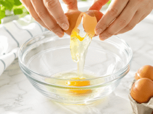 Cracking fresh eggs into a clear glass mixing bowl on a bright kitchen countertop for scrambled eggs preparation.