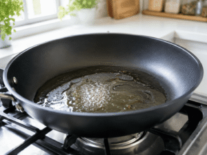 Olive oil heating in a black nonstick frying pan over medium-high heat on a gas stove in a bright modern kitchen.