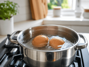 Grilled chicken pieces placed in a nonstick frying pan on a gas stove in a bright modern kitchen with natural daylight.
