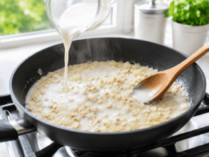 Milk being poured into quick oats in a saucepan to create creamy oatmeal, bright natural light kitchen scene, healthy breakfast recipe preparation.