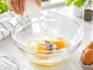 Adding milk, salt, and black pepper to eggs in a glass bowl before whisking for fluffy scrambled eggs.