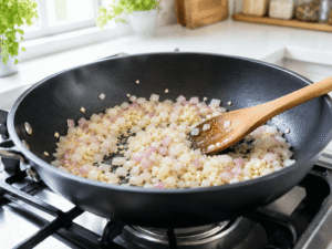 Minced garlic and minced ginger cooking in olive oil in a black nonstick pan with a wooden spoon in a bright kitchen.