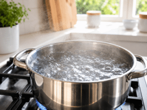 Grilled chicken gently reheating in a frying pan over medium heat with light steam rising in a bright kitchen.