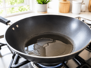 Vegetable oil heating in a large black nonstick skillet over medium-high heat before cooking Sweet Chili Chicken Stir Fry.