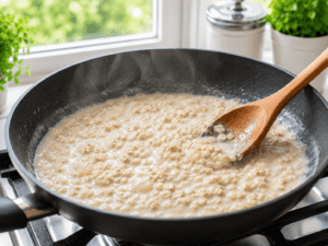 Creamy oatmeal cooking in a saucepan with a wooden spoon, soft steam rising, bright kitchen food photography, healthy breakfast meal preparation.
