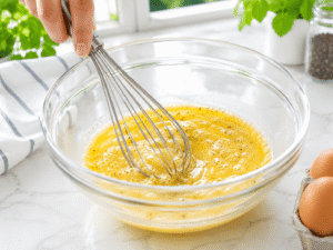 Whisking eggs, milk, salt, and black pepper together in a glass mixing bowl until smooth and fully combined.