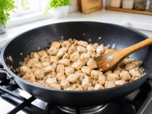 Thinly sliced chicken breasts cooking in a black nonstick frying pan with garlic and ginger in a bright modern kitchen.