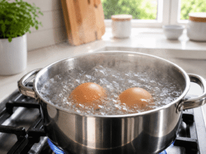Grilled chicken gently reheating in a frying pan over medium heat with light steam rising in a bright kitchen.