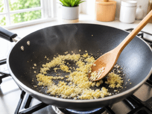 Minced garlic and minced ginger sizzling in hot vegetable oil in a black skillet for Sweet Chili Chicken Stir Fry.