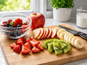Fresh strawberries, bananas, kiwi, blueberries, and apple slices on a wooden cutting board in a bright kitchen, preparing fruit toppings for oatmeal.