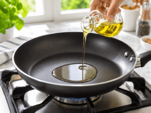 Heating a nonstick frying pan with cooking oil over medium heat on a gas stove in a bright kitchen.