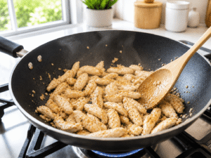 Thinly sliced chicken cooking in a black nonstick skillet with garlic and ginger until fully cooked for Sweet Chili Chicken Stir Fry.