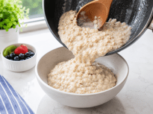 Freshly cooked creamy oatmeal being poured into a white serving bowl from a saucepan, bright natural daylight food photography.