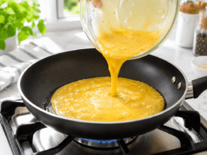 Pouring seasoned egg mixture from a glass bowl into a hot nonstick frying pan for cooking scrambled eggs.