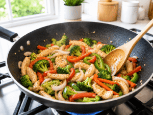 Red bell pepper, green bell pepper, broccoli florets, and sliced onion cooking with chicken in a skillet for Sweet Chili Chicken Stir Fry.