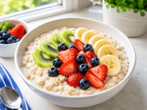 Creamy oatmeal topped with sliced banana, kiwi, strawberries, and blueberries in a white bowl, healthy breakfast food photography.