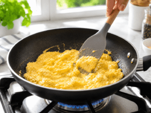 Gently stirring scrambled eggs with a spatula while cooking in a nonstick frying pan over medium heat.