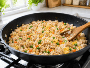 Chicken Bell Pepper Stir Fry seasoned with salt and black pepper while mixing in a black nonstick frying pan.