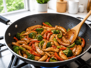 Sweet chili sauce, soy sauce, and oyster sauce coating chicken and vegetables in a skillet for Sweet Chili Chicken Stir Fry.