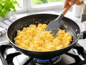 Continuing to stir scrambled eggs until they become soft, fluffy, and perfectly cooked in a frying pan.