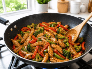 Chicken and colorful vegetables seasoned with salt and black pepper while being stirred in a black skillet for Sweet Chili Chicken Stir Fry.