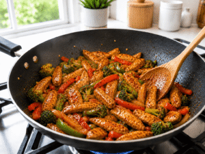 Sweet Chili Chicken Stir Fry with tender chicken, broccoli, bell peppers, and onion coated in a glossy sweet chili sauce, cooking in a black skillet until hot and ready to serve.