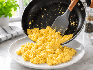 Serving freshly cooked fluffy scrambled eggs on a white plate immediately after removing from heat.