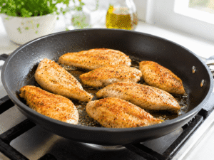 Golden brown chicken breasts cooking in olive oil inside a black nonstick frying pan on a gas stove with sizzling oil and warm natural kitchen lighting.