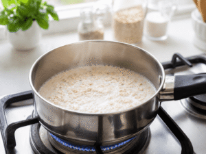 Small stainless steel pot with oats and milk heating over a medium gas flame in a bright white kitchen with soft natural lighting.