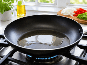 Vegetable oil heating in a large black nonstick frying pan over a gas stove in a bright kitchen.