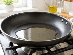Vegetable oil heating in a large black nonstick frying pan on a gas stove in a bright modern kitchen.