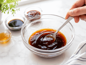 Soy sauce, teriyaki sauce, and honey being mixed together in a clear glass bowl for homemade teriyaki stir fry sauce