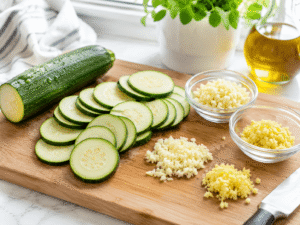 Fresh zucchini slices with minced garlic and ginger prepared on a wooden cutting board in a bright kitchen.