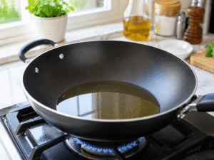 Vegetable oil heating in a black nonstick wok over a gas stove before cooking Thai chicken stir fry.