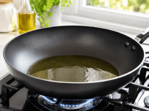Olive oil heating in a large black nonstick skillet over medium-high heat before cooking chicken for a chicken broccoli stir fry.