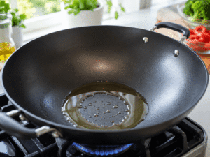 Olive oil heating in a large black skillet over medium-high heat before cooking 15-Minute Chicken Veggie Stir Fry.