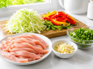 Thinly sliced chicken breast with minced garlic, sliced bell peppers, shredded cabbage, and chopped green onions prepared for chicken noodle stir fry.