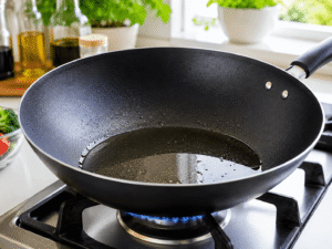 Vegetable oil heating in a large black wok over medium-high heat before cooking garlic chicken stir fry.